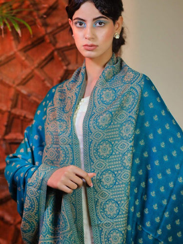 turquoise-blue-ethnic-motifs-woven-design-shawl